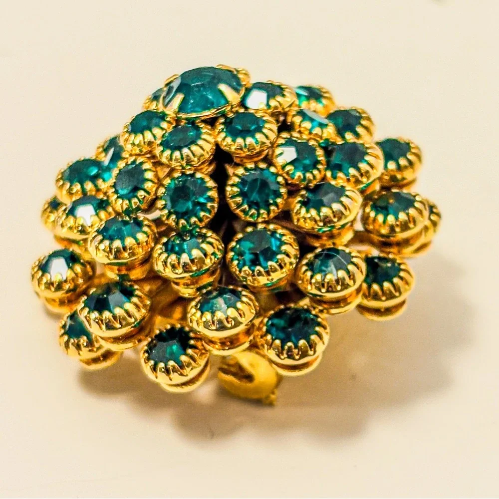 Vintage emerald-teal rhinestone cluster brooch - Picture 10 of 13
